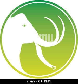 Isolato di elefante vettore testa logo. Round animali immagine sulla moneta verde logo. Illustrazione Vettoriale