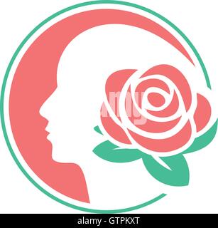Fiore logo design modello. Donna faccia illustrazione vettoriale. Barberia moderna. Fiore colore rosa modello logo. Donna face icona Illustrazione Vettoriale