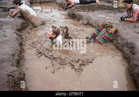 Cheshire, Regno Unito 10 Settembre 2016. Partecipante riceve il suo primo assaggio di fango al bacio di fango ostacolo alla dura Mudder Nord Ovest 2016 10/09/2016 Credit: Gary Mather/Alamy Live News Foto Stock