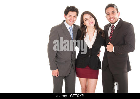 Due giovani uomini e una bella ragazza vestita in giacca Foto Stock
