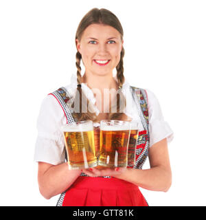 Bella donna Oktoberfest azienda boccali da birra isolato su sfondo bianco Foto Stock