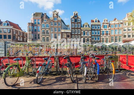 Molti parcheggio bici vicino al mercato dei fiori di Amsterdam, Paesi Bassi. La bicicletta è populat trasporti a Amsterdam, Paesi Bassi. Foto Stock