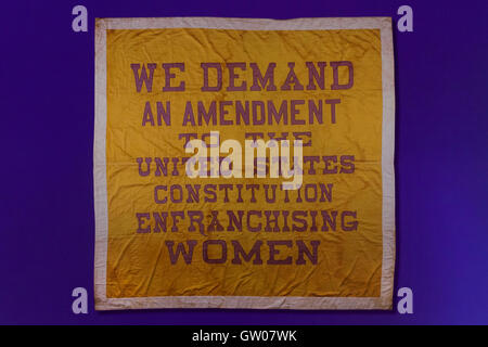 Banner con il messaggio 'Chiediamo un emendamento alla costituzione degli Stati Uniti Enfranchising donne' durante il suffragio femminile movimento - USA Foto Stock