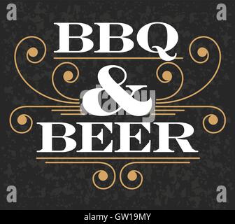 Barbecue e birra disegno vettoriale Emblema con fantasia lifework di scorrimento e grunge background. Illustrazione Vettoriale