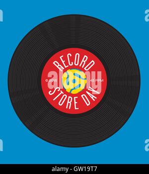 Record Store Day disegno vettoriale. 45giri/min e annotare con mandrino adattatore. Illustrazione Vettoriale