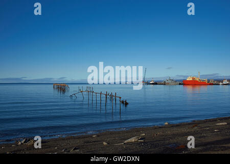 Lungomare storico di Punta Arenas che corre lungo lo stretto di Magellano in Patagonia cilena. Foto Stock