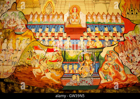 Stile tradizionale Thai pittura sul tempio della parete (Ramayana storia) Foto Stock