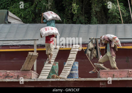 Lo scarico dei sacchi di riso sul fiume Mekong, Laos Foto Stock