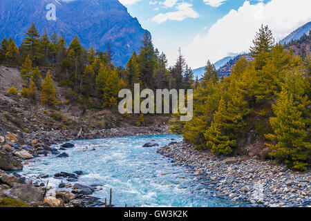 Paesaggio Montagne veloci escursioni sul fiume Himalaya.Bella Vista Cascate Asia fine stagione estiva sfondo.Green Threes nuvoloso cielo blu rocce montane nessuno Image.la foto in orizzontale. Foto Stock