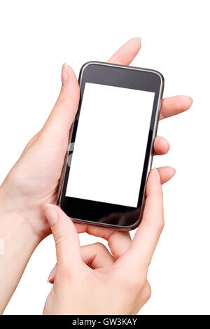 Donna mano tenendo il telefono cellulare tablet touch gadget con display vuoto. Su bianco con tracciato di ritaglio Foto Stock