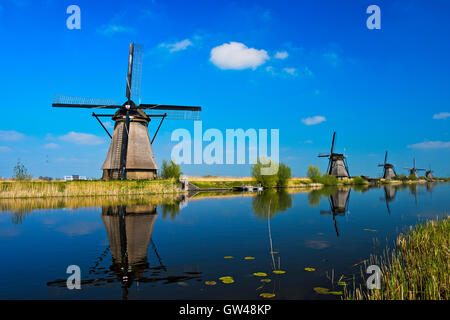 Mulino a vento olandese al canale, Kinderdijk, Alblasserwaard polder, South Holland, Paesi Bassi Foto Stock