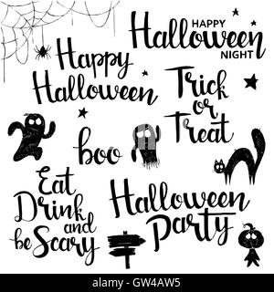 Happy Halloween scritte set. Vettore moderno disegnato a mano con calligrafia di fantasmi mostri, Gatto nero, spider e web Illustrazione Vettoriale