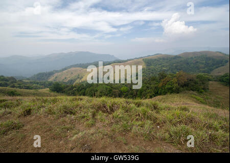 Guardando oltre le montagne e la giungla di del Periyar Riserva della Tigre ai piedi delle colline di i Ghati Occidentali nei pressi di Thekkady in Kerala, nell India meridionale Foto Stock