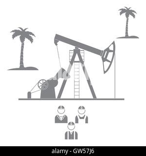 Icona stilizzata delle apparecchiature per la produzione di petrolio su uno sfondo luminoso con alberi di palma e tre silhouette del lavoratore di olio Illustrazione Vettoriale
