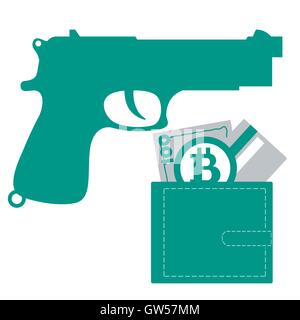 Icona stilizzata di una pistola colorata e portamonete con denaro bill, carta di credito bitcoin su un bianco Illustrazione Vettoriale