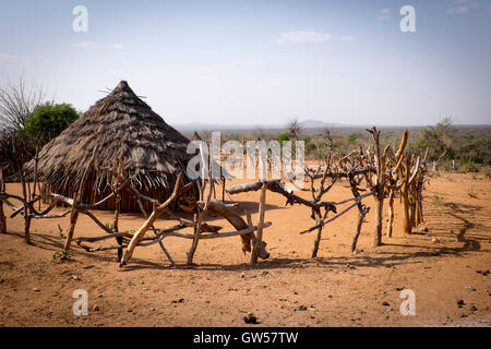 Abitazione con tetto in paglia e legno di corral una famiglia della tribù di martello della valle dell'Omo nel sud dell Etiopia Foto Stock