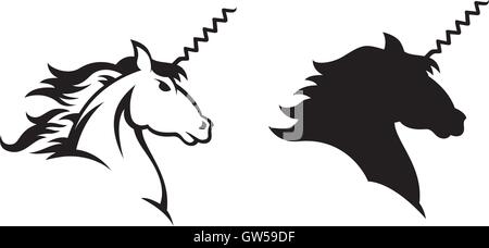 Illustrazioni vettoriali di un unicorno con un cavatappi per un avvisatore acustico. Include un disegno a righe e silhouette versioni. Illustrazione Vettoriale