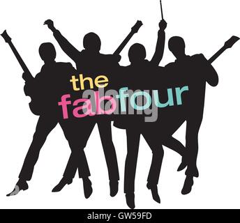 Fab Four Beatles Silhouette disegno vettoriale. Musicisti con chitarre e tamburo bastoni di saltare in aria. Fun logo Retrò design. Illustrazione Vettoriale