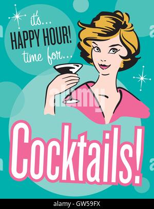 In stile retrò cocktail poster o un invito. Classico stile anni '50 donna con coppetta Martini. Ottimo per inserzione, invito, poster e altro ancora. Illustrazione Vettoriale
