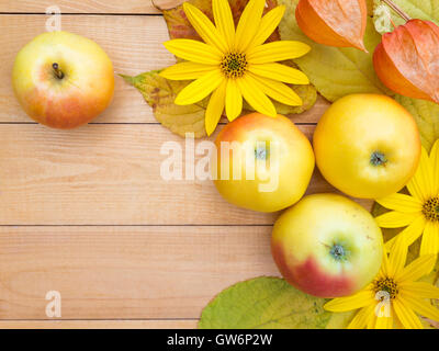 Mele, topinambur fiori, physalis e foglie di giallo su tavole di legno sfondo Foto Stock