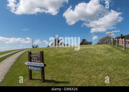 Case in paglia su un cumulo di terra, isolotto di Langeness nel fango appartamenti sul mare del Nord, Schleswig-Holstein, Germania Foto Stock