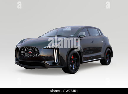 SUV elettrico concept car isolato su sfondo grigio. 3D rendering immagine con percorso di clipping. Foto Stock