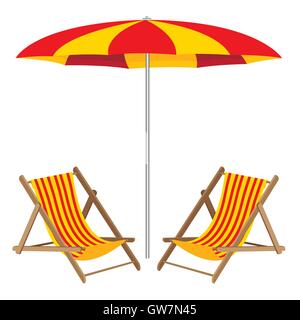 Spiaggia, ombrellone, sedia, vettore, estate, isolato, bianco, vacanza, stagione, seduta, sfondo, illustrazione, ombrellone, arte Illustrazione Vettoriale