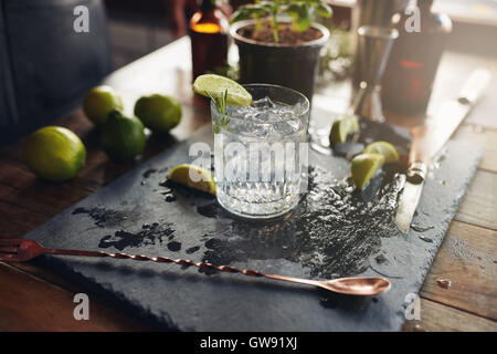 Chiusura del vetro di un preparato di fresco gin tonic con le fette di limone e il cucchiaio sul contatore. Foto Stock