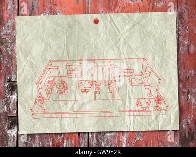 2d rosso freehand disegno della casa arredato appartamento interno sul vecchio foglio di carta su rosso di tavole di legno sfondo Foto Stock