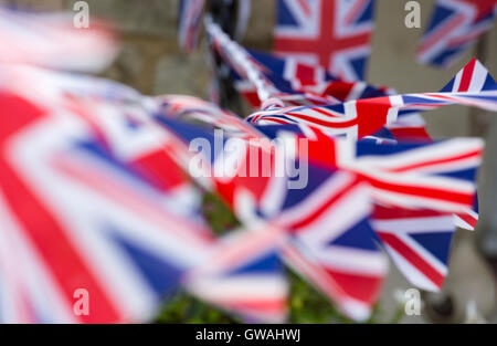 Unione Jack Bunting in country garden, England, Regno Unito Foto Stock