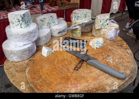 Pressione di stallo di formaggio nel mercato in Mont-De-Lan, alpi, Francia con una selezione di formaggi e salsiccia secca Foto Stock