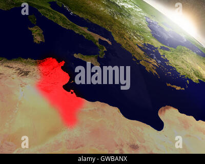 La Tunisia ha evidenziato in rosso come visto da orbita terrestre nello spazio. 3D illustrazione con altamente dettagliate pianeta superficie. Elementi del Foto Stock