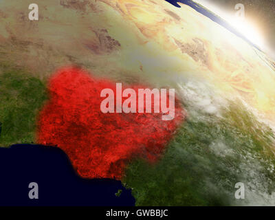 La Nigeria ha evidenziato in rosso come visto da orbita terrestre nello spazio. 3D illustrazione con altamente dettagliate pianeta superficie. Elementi del Foto Stock