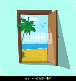 Illustrazione vettoriale di una porta aperta con la bellissima spiaggia di Palma e di mare. Fine settimana da sogno e vacanze estive. Viaggi e freelance. Illustrazione Vettoriale