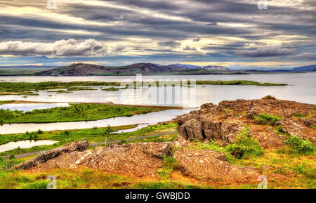 Thingvellir National Park, un sito Patrimonio Mondiale dell'UNESCO in Islanda Foto Stock