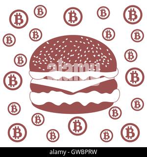 Foto sulle transazioni in bitcoin: bitcoins e hamburger su sfondo bianco Illustrazione Vettoriale