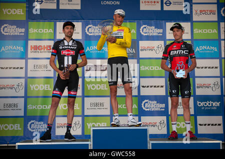 Londra, Regno Unito. 11 Settembre, 2016. Primo, secondo, terzo podio finitori, tour della Gran Bretagna, finale dello stadio 8 di Londra. Foto Stock