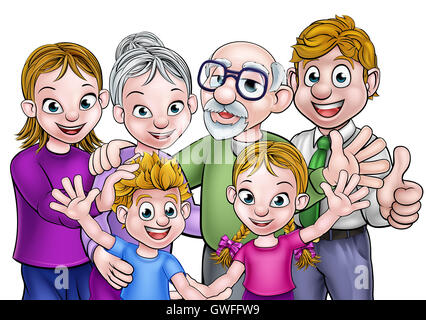 Cartoon famiglia con i genitori e i bambini e i nonni Foto Stock