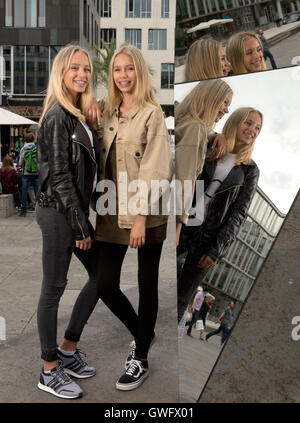 Stuttgart, Germania. Xii Sep, 2016. Gemelli locale Lisa e Lena pongono a Stoccarda, Germania, 12 settembre 2016. Le due donne hanno più di un milione di abbonati su Instagram e sono tra i protagonisti della scena. Foto: Bernd Weissbrod/dpa/Alamy Live News Foto Stock