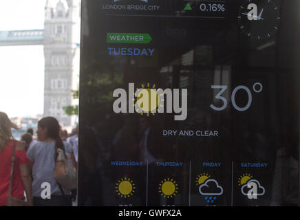 Londra REGNO UNITO. 13 settembre 2016 un termometro visualizza il tempersture meteo su Londra Riverside di Londra e la Gran Bretagna è previsto essere soffocante in un Settembre canicola Credito: amer ghazzal/Alamy Live News Foto Stock