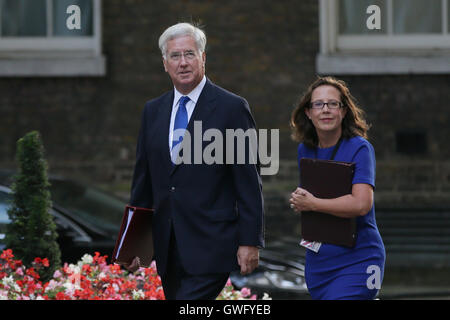 Londra, Gran Bretagna. Xiii Sep, 2016. La Gran Bretagna è il Segretario di Stato per la difesa Michael Fallon (L) e Leader della House of Lords La Baronessa Natalie Evans arriva per una riunione del gabinetto al 10 di Downing Street a Londra, in Gran Bretagna il 7 settembre 13, 2016. Credito: Tim Irlanda/Xinhua/Alamy Live News Foto Stock