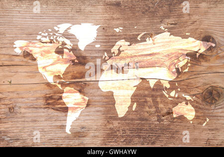 Mappa del mondo su sfondo di legno Foto Stock