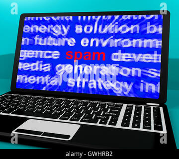 Computer portatile di spam che mostra lo spamming indesiderati indesiderati e malware Foto Stock