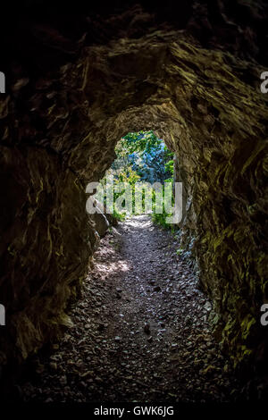 Dettaglio della piccola grotta dal fiume Nera in Romania Foto Stock