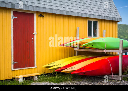 Colorato kayak e fasi di pesca a Norris punto, Parco Nazionale Gros Morne, Terranova e Labrador, Canada. Foto Stock