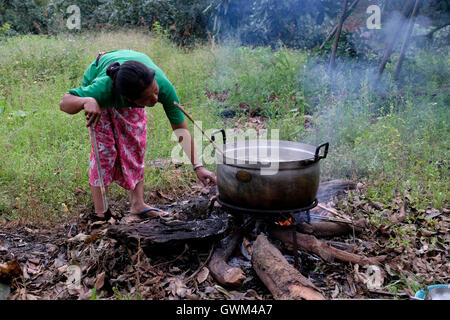 Membro della famiglia Akha del Lisu hill tribù il riscaldamento di acqua in una regione montuosa Lisu vilage situato in Si Dong Yen una tambon (sottodistretto) di Chai Prakan distretto, in Chiang Mai provincia, nel nord della Thailandia. Il Lisu sono i discendenti diretti degli indigeni semi-nomadi del Tibet. Negli ultimi 300 anni o così per politici e motivi di sopravvivenza di molte delle persone che hanno scelto di migrare verso il basso attraverso la Cina, Birmania e Laos e più recentemente la Thailandia. Foto Stock