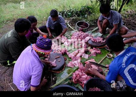 Membri della famiglia Akha del Lisu hill tribù il taglio di carne e pollo in un montagnoso Lisu vilage situato in Si Dong Yen una tambon (sottodistretto) di Chai Prakan distretto, in Chiang Mai provincia, nel nord della Thailandia. Il Lisu sono i discendenti diretti degli indigeni semi-nomadi del Tibet. Negli ultimi 300 anni o così per politici e motivi di sopravvivenza di molte delle persone che hanno scelto di migrare verso il basso attraverso la Cina, Birmania e Laos e più recentemente la Thailandia. Foto Stock