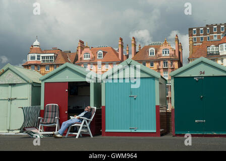 Cabine sulla spiaggia, sulla foreshore, Brighton e Hove, East Sussex, Regno Unito Foto Stock