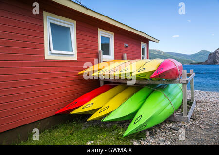 Colorato kayak e fasi di pesca a Norris punto, Parco Nazionale Gros Morne, Terranova e Labrador, Canada. Foto Stock