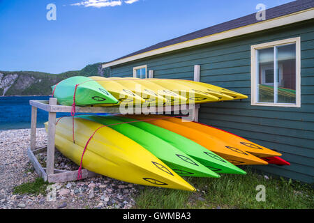 Colorato kayak e fasi di pesca a Norris punto, Parco Nazionale Gros Morne, Terranova e Labrador, Canada. Foto Stock